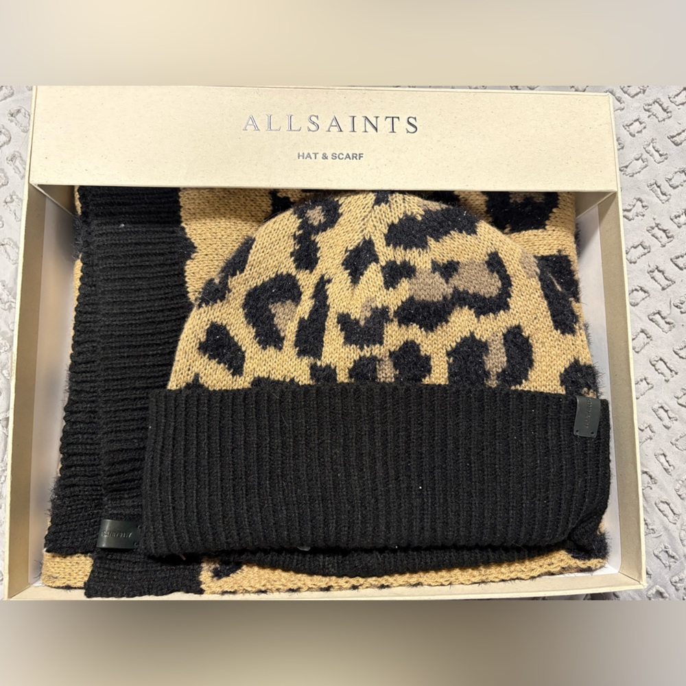 NIB All Saints Leopard Hat & Scarf Set